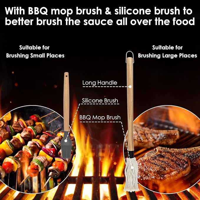 BBQ Mop Brush and Cast Iron Sauce Pot Set, 2 Size Wooden Handle Sauce Mops - Image 4
