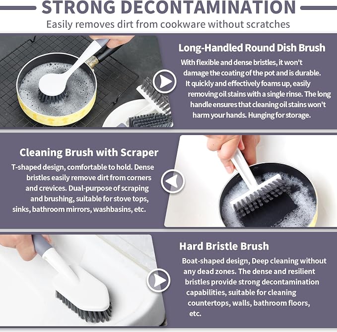 Xicennego 3 Pack Kitchen Cleaning Brush Set, 1 Pot and Dish Cleaning Brush - Image 5