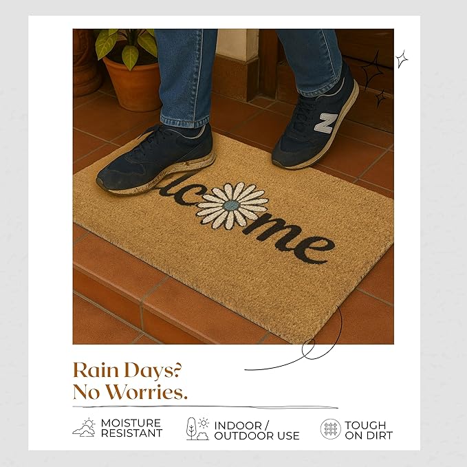 Coir Door Mats 17" X 30", Non-Slip Sturdy, PVC Backed Heavy Duty, Easy to Clean, Ideal for Door Entrance, Patio, Porch, Backyard, Garages, Welcome with Blue Daisy