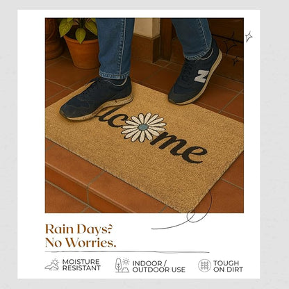 Coir Door Mats 17" X 30", Non-Slip Sturdy, PVC Backed Heavy Duty, Easy to Clean, Ideal for Door Entrance, Patio, Porch, Backyard, Garages, Welcome with Blue Daisy