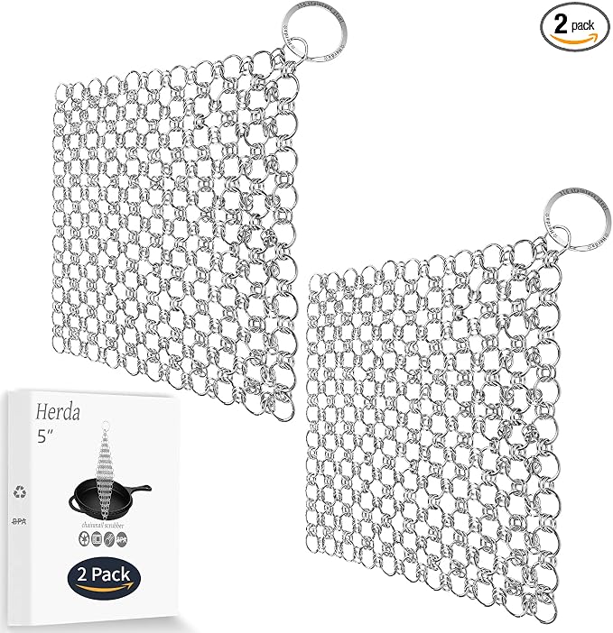 2pcs 5”x5“ Chain Mail Cast Iron Cleaner Scrubber, 316 Chainmail Scrubber Cast by Betterqualitybetterlife