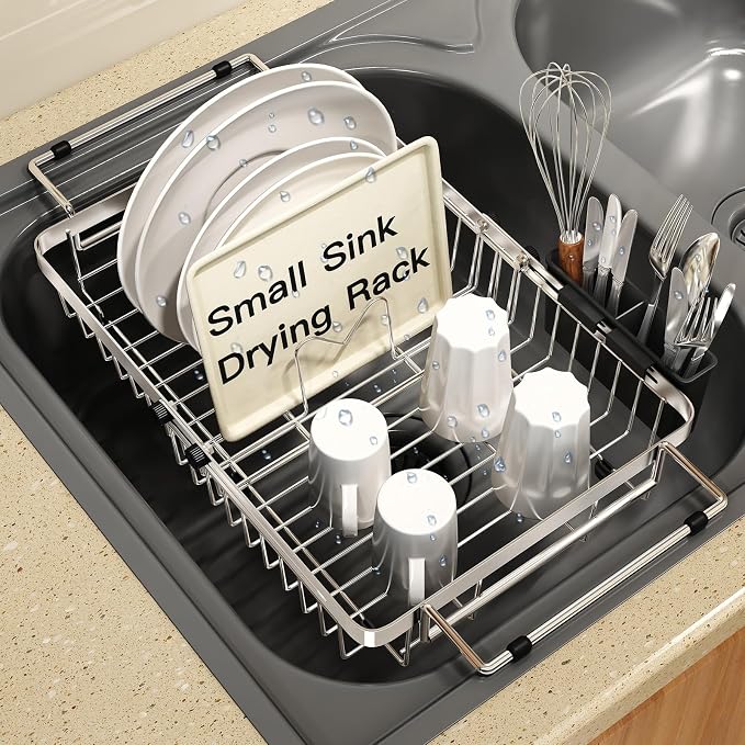 Small Expandable Over The Sink Dish Drainer Drying Rack in Stainless Steel Metal by MAJALiS