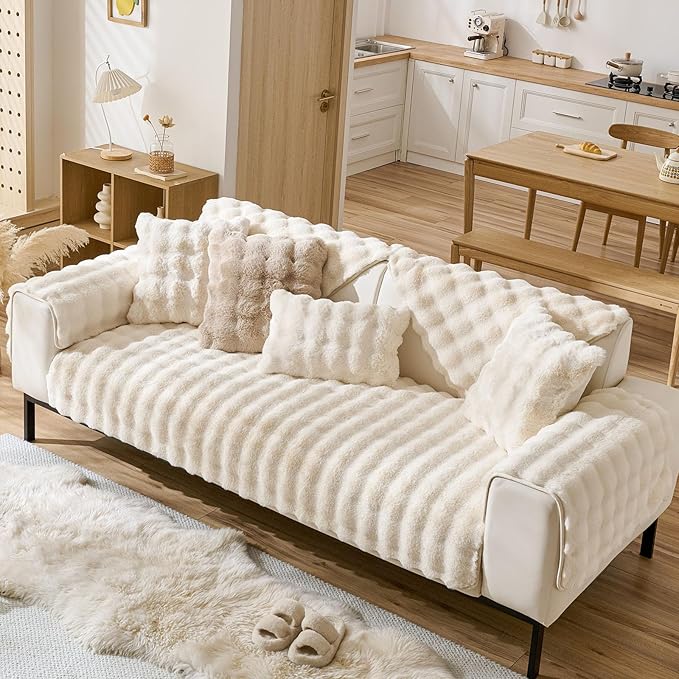 Faux Fur Couch Cover Fuzzy Soft Plush Thick Bubble Sofa Cover Luxury Sectional Couch Covers Luxury Anti-Slip Sofa Slipcover Washable Furniture Protector (Ivory,36"x63")