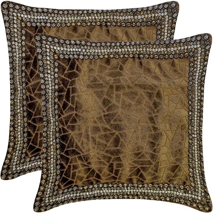 The HomeCentric King/Queen/Twin Brown Decorative Bed Runner Full 68"x18" Bed Runner with Two Pillow Cover, Border, Crystal, Cut Velvet, Mosiac Pattern Bed Scarf on Velvet Fabric - Velvet Fusion