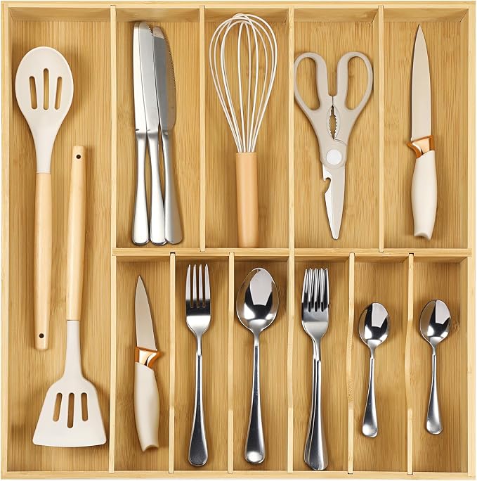 Fabsome Silverware Organizer for Kitchen Drawers, 2.5'' Deep 18.8'' Wide Bamboo by Fabsome