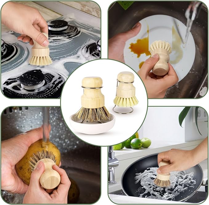 Bamboo Dish Brush Set with Holder - Image 6
