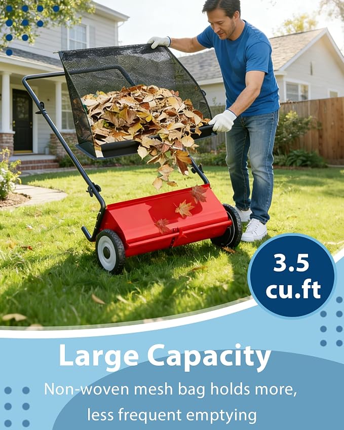 Push Lawn Sweeper, 21 Inch Extra-Wide 4-Brush System, 3.5 cu.ft. Mesh Bag - Image 3