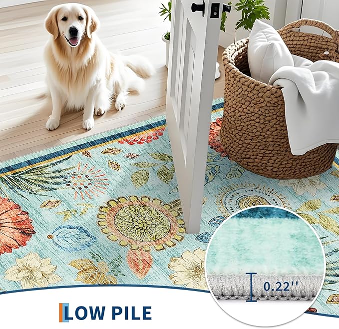 GarveeHome 8x10 Floral Washable Area Rug: Large Living Room Area Rug with Non-Slip Backing Washable Ultra Soft Bedroom Floral Carpet Indoor Stain Resistant Carpet for Dining Room 8 * 10 ft Light Blue