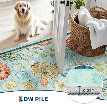 GarveeHome 8x10 Floral Washable Area Rug: Large Living Room Area Rug with Non-Slip Backing Washable Ultra Soft Bedroom Floral Carpet Indoor Stain Resistant Carpet for Dining Room 8 * 10 ft Light Blue