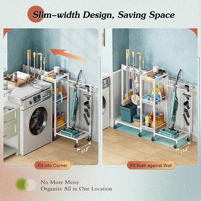 Broom Holder with Cleaning Supplies Organizer, Broom Closet Storage Cabinet - Image 3