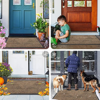 Smiry Front Door Mat Outside Entrance, Heavy Duty Sturdy Natural Rubber Doormat, Trap Dirt and Moisture, Easy Clean Low Profile Mats for Indoor Outdoor Entry, Irregular Triangle (33x21, Brown)