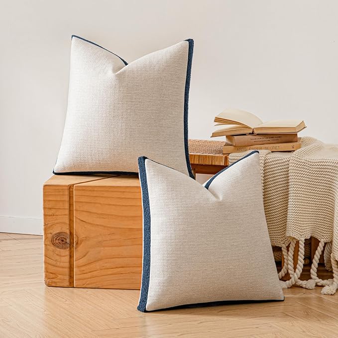 a moment Loop Yarn Linen-Like Pillow Cover Natural Soft Decorative Throw Pillow Case Farmhouse 20x20 Inch, Bohemian Textured Cushion Cover for Sofa Bed, Wrinkle-Resistant Home Decor Navy Blue