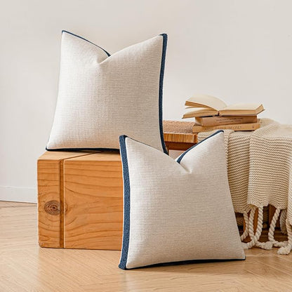 a moment Loop Yarn Linen-Like Pillow Cover Natural Soft Decorative Throw Pillow Case Farmhouse 20x20 Inch, Bohemian Textured Cushion Cover for Sofa Bed, Wrinkle-Resistant Home Decor Navy Blue
