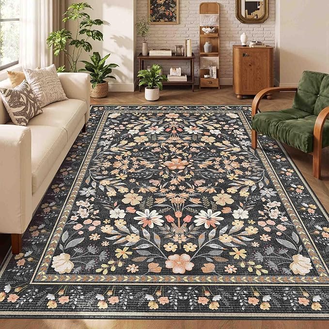 Floral Rug for Living Room Bedroom, 5x7 Washable Rug, Large Non Slip Low Pile by Rugxara