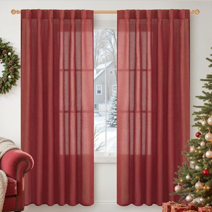 YoungsTex Red Linen Semi Sheer Curtains 78 Inch Length by YoungsTex