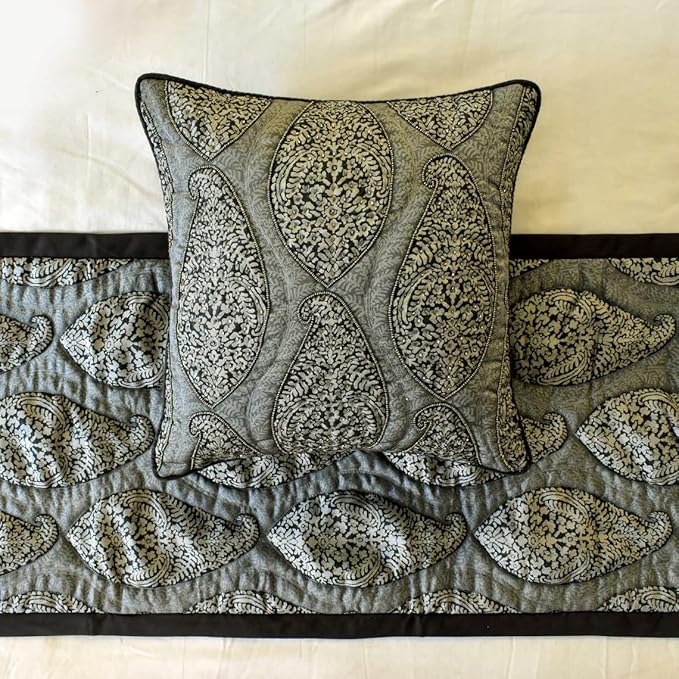The HomeCentric King/Queen/Twin Grey Decorative Queen 74"x18" Bed Runner with 2 Pillow Cover, Paisley & Beaded Bed Scarf on Jacquard Fabric - Paisley History