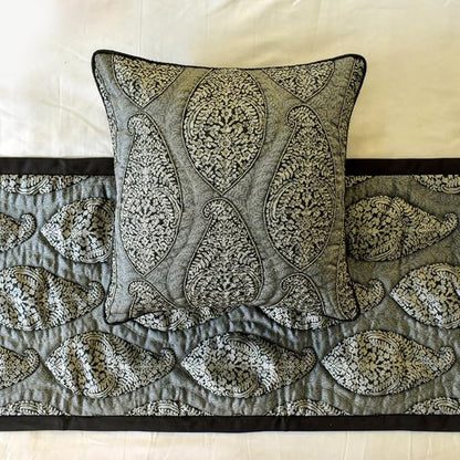 The HomeCentric King/Queen/Twin Grey Decorative Queen 74"x18" Bed Runner with 2 Pillow Cover, Paisley & Beaded Bed Scarf on Jacquard Fabric - Paisley History