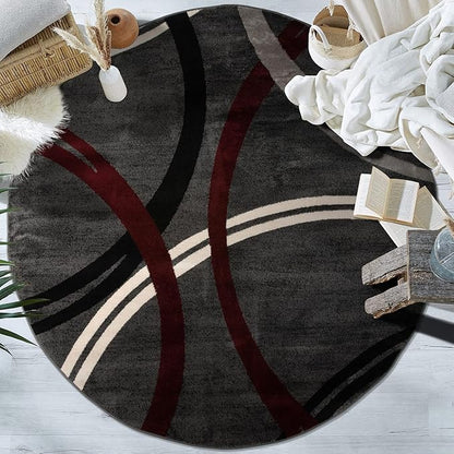 Rugshop Modern Wavy Circles Design Non-Shedding Round Rug, Carpet for Dining Room or Living Room, Red, 8' Round