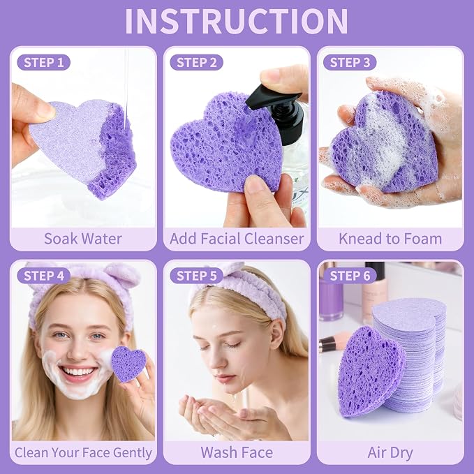 60-Count Kickleen Compressed Cellulose Heart Shape Facial Sponges | Natural - Image 5