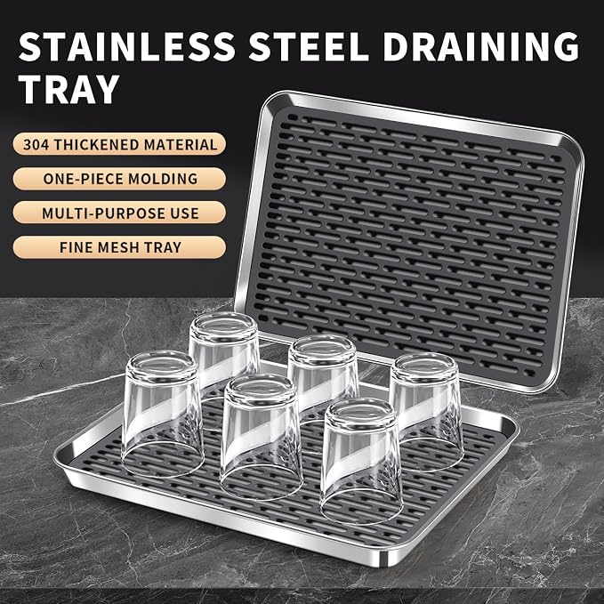 Stainless Steel Drain Tray, Cup & Dish Drying Rack, Drain Board 2 Tier Non Slip - Image 6