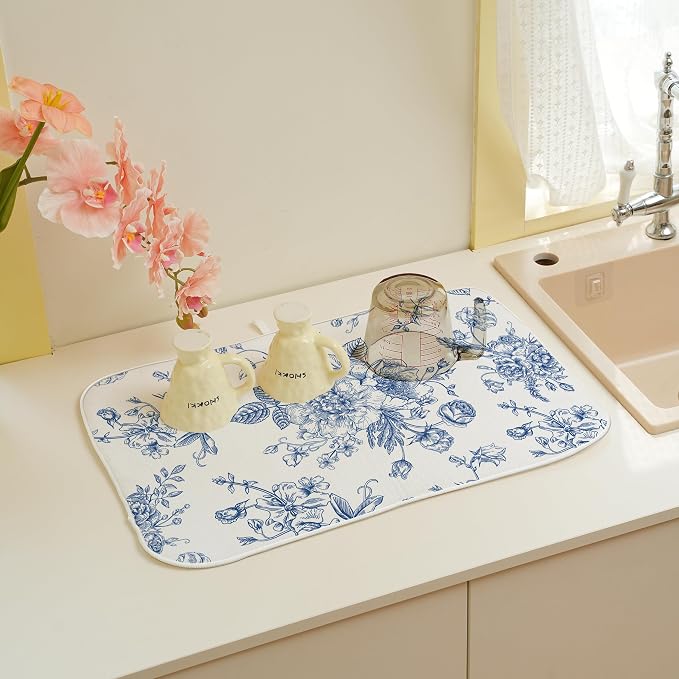 Blue Floral Dish Drying Mats 18x24 Inch Blue and White Chinoiserie Flower - Image 5