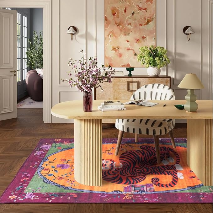 Vintage Tiger Rug Washable 6x9 Oriental Traditional Animal Print Fuchsia Floral - Image 3