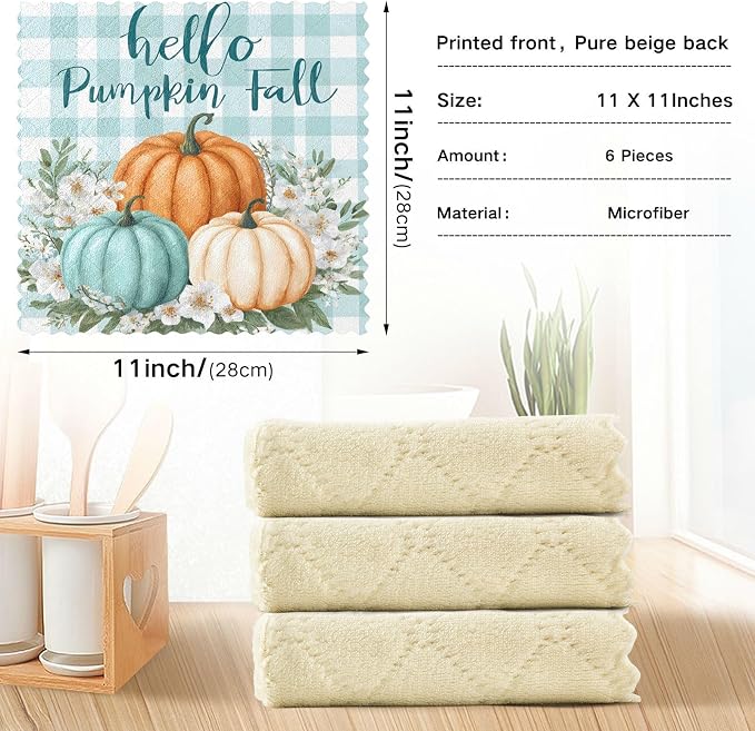 Kitchen Towels Hello Fall Pumpkins Teal Buffalo Plaid Check Dish Towels - Image 3