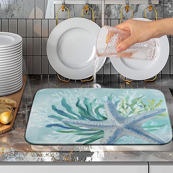 Summer Coastal Dish Drying Mat for Kitchen Counter Nautical Beach Starfish - Image 5