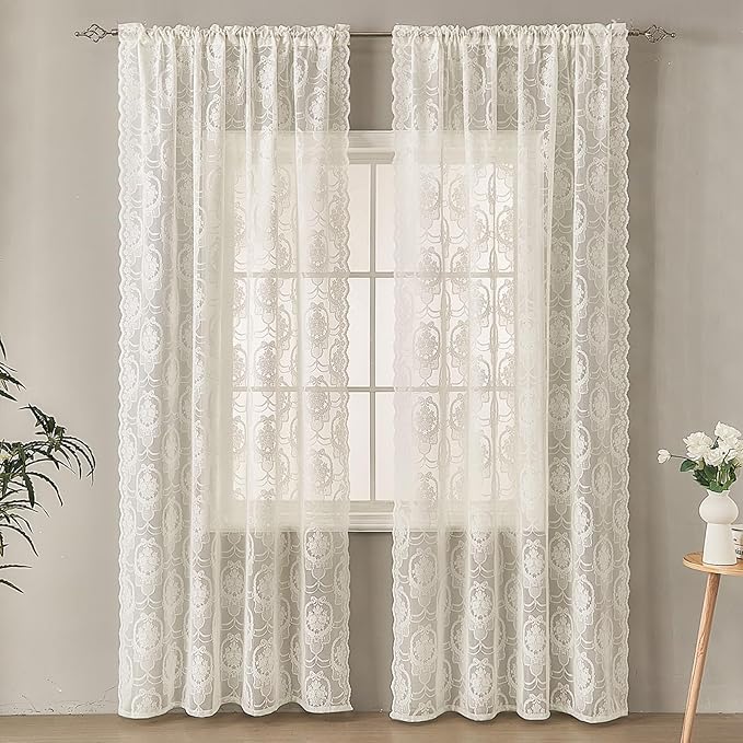 Ivory Vintage Country Floral Lace Sheer Curtains 63 Inches Long -Rod Pocket Light Filtering French Privacy Scalloped Edges Rod Pocket Boho Bedroom ，52 x 63 Inch, 2 Panels