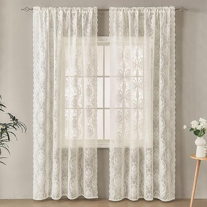 Ivory Vintage Country Floral Lace Sheer Curtains 63 Inches Long -Rod Pocket Light Filtering French Privacy Scalloped Edges Rod Pocket Boho Bedroom ，52 x 63 Inch, 2 Panels
