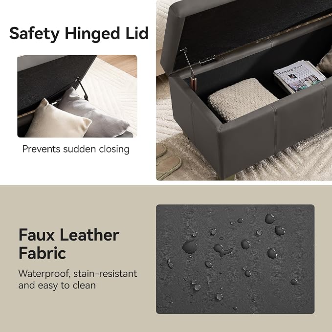 51" Faux Leather Storage Ottoman, Stitch Tufted Rectangle Upholstered End of - Image 5