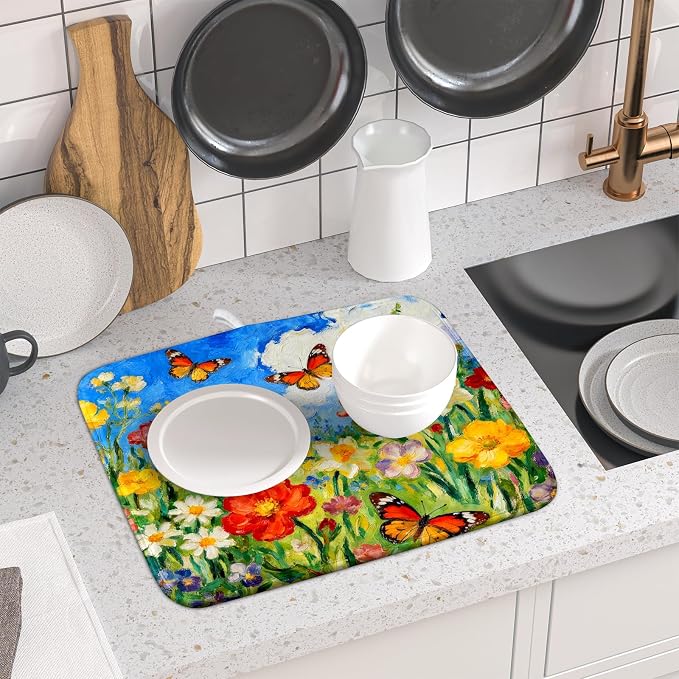Floral Dish Drying Mat for Kitchen Counter 16x18 Spring Summer Theme Colorful - Image 6