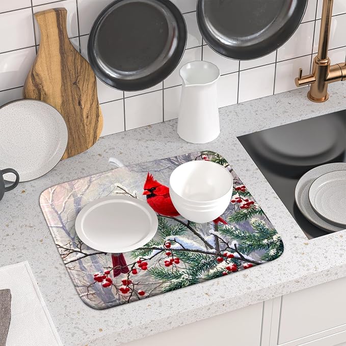 Red Bird Dish Drying Mat Merry Christmas Dishes Pad Absorbent Fast Dry Dish - Image 6