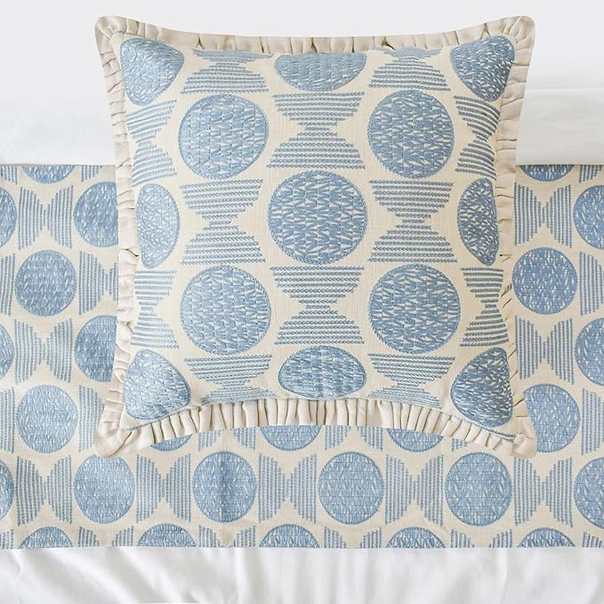 The HomeCentric King/Queen/Twin Blue Decorative Bed Runner King 90"x18" Bed Runner with Two Pillow Cover, Embroidery, Ruffles Bed Scarf on Linen Fabric - Ellara Blue