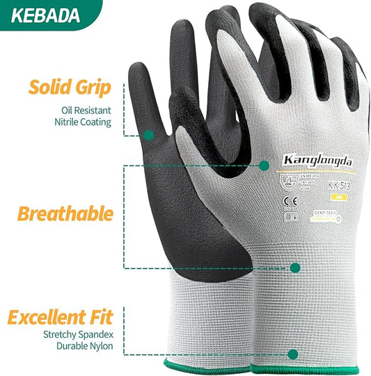 Kebada Foam Nitrile Coated Work Gloves, 3 Pairs Nylon Gloves - Image 2