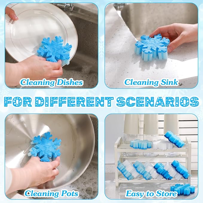 Tioncy 12 Pack Christmas Snowflake Sponges Bulk White Blue Dual Sided Scrubber - Image 4