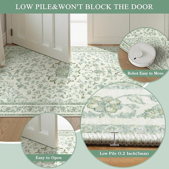 Moynesa Vintage Washable Green Runner Rug for Hallway 2x6, Retro Farmhouse Runner for Entryway Kitchen Bathroom Bedroom, Low Pile Soft Non-Slip Accent Carpets for Indoor Nursery