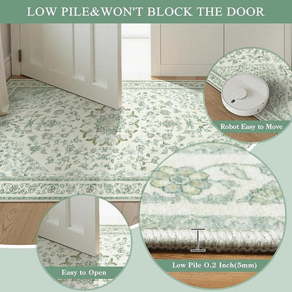 Moynesa Vintage Washable Green Runner Rug for Hallway 2x6, Retro Farmhouse Runner for Entryway Kitchen Bathroom Bedroom, Low Pile Soft Non-Slip Accent Carpets for Indoor Nursery