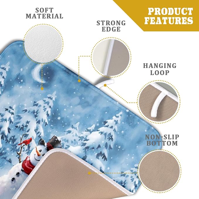 Blue Snowman Dish Drying Mat Winter Pine Tree Drainer Rack Mats 16x18 Inch - Image 4
