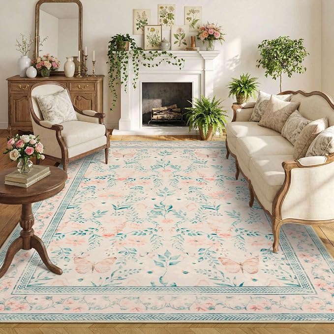 6x9 Pink Rug for Living Room Bedroom, Floral Washable Rug, Vintage Boho Area Rug by Rugxara