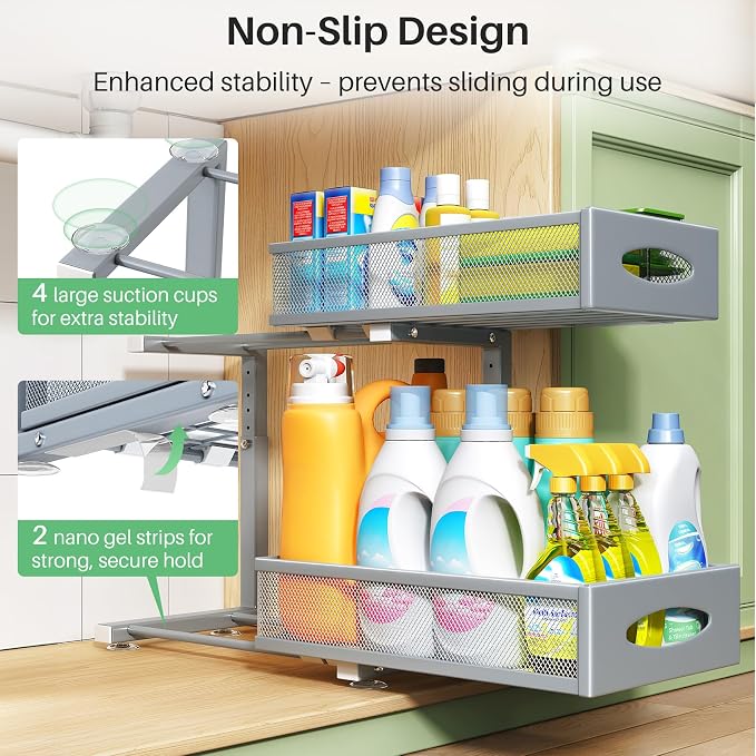 2 Pack Under Sink Organizer, 2 Tier Pull out Cabinet Organizer Mesh Baskets - Image 6