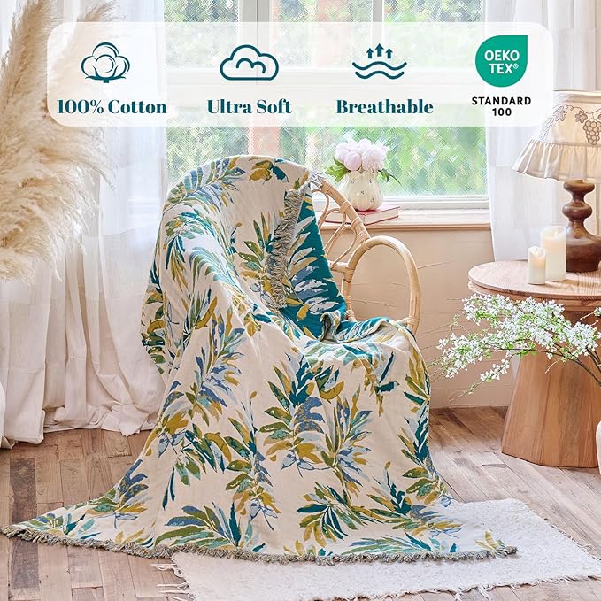 MSGKV Boho Throw Blanket for Couch Cotton Leaves Blanket 50"x60" Throws for Sofa Chair Muslin Breathable Lightweight Farmhouse Blankets Home Decor All Seasons