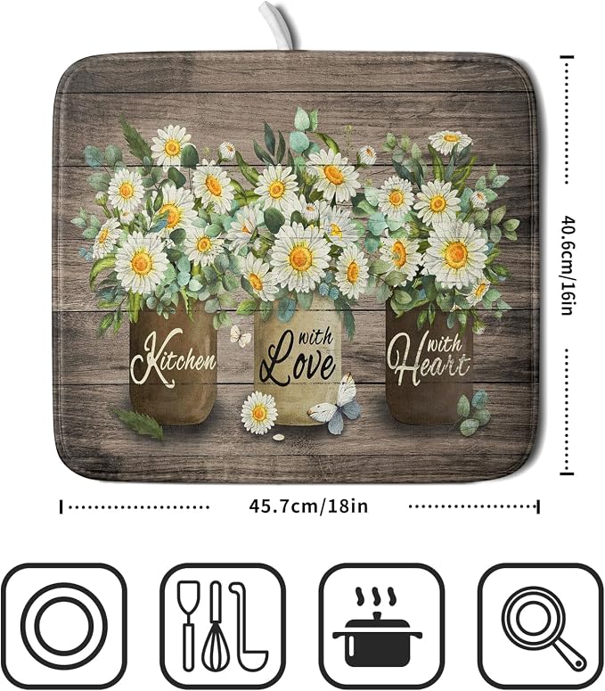 Flower Vase Dish Drying Mats 16x18 Inch Rustic Wood Reversible Microfiber - Image 2