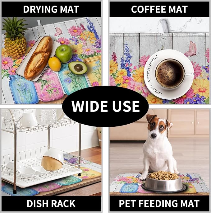 Daisy Dish Drying Mat for Kitchen Counter Spring Summer Flowers Vases Dishes - Image 7