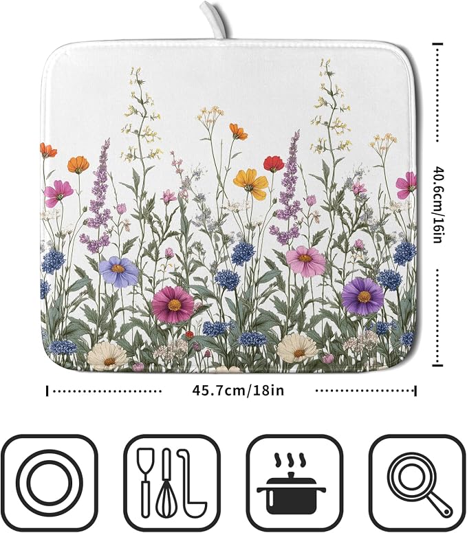 Giwawa Flower Herbs Dish Drying Mat Botanical Plant Dishes Drainer Mat 16x18 - Image 2