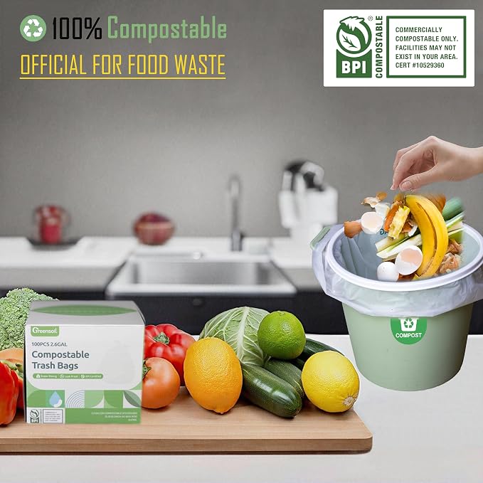 Greensoil 100% Compostable Waste Bags 2.6 Gallon, Extra Thick Kitchen Small - Image 3