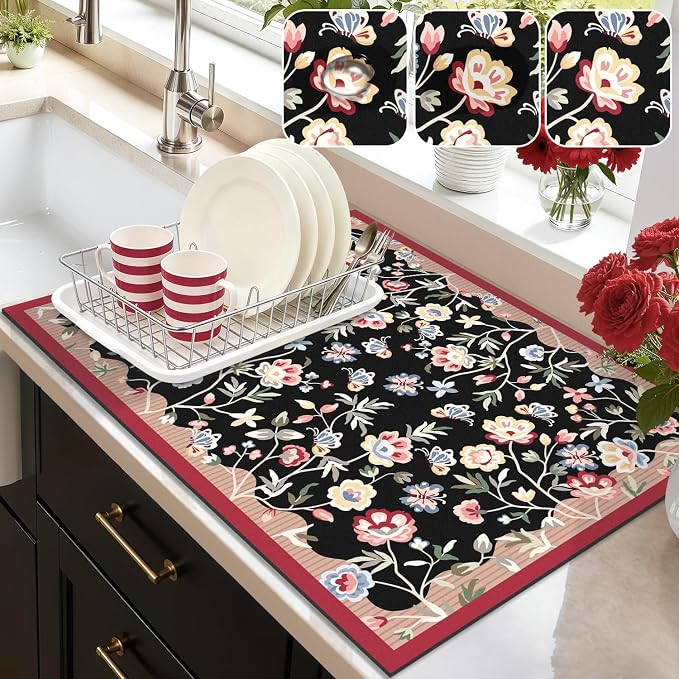LOKHOM Floral Dish Drying Mat, Cuttable Hide Stain Drying Mat by LOKHOM