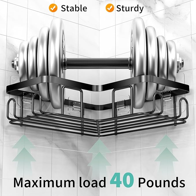 Moforoco Corner Shower Caddy Shelf Organizer Rack, Self Adhesive Black Bathroom - Image 2