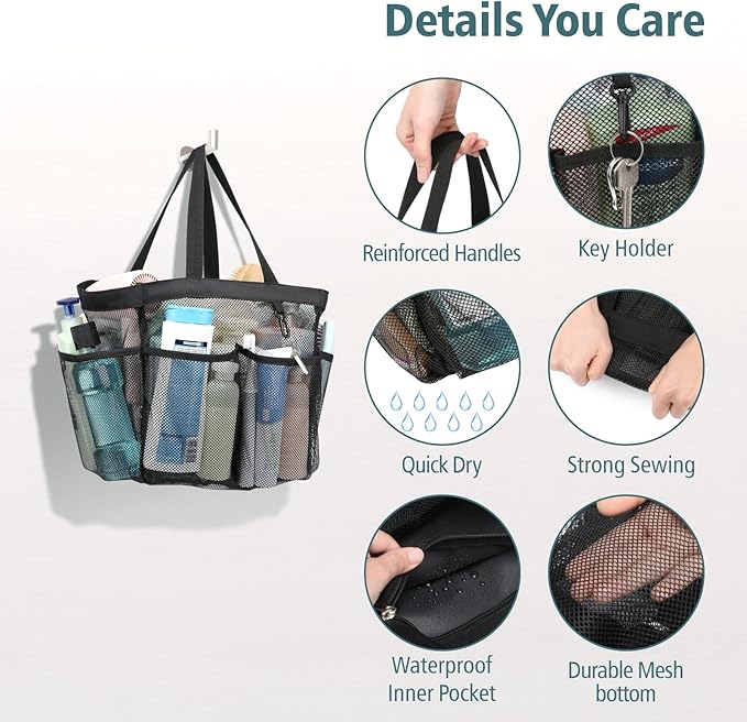 F-color Mesh Shower Caddy Portable, X Large 7 Deeper Pockets Shower Bag Basket - Image 5