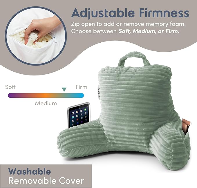 Nestl Reading Pillow for Kids & Teens with Shredded Memory Foam, Luxe Cut Plush Backrest Pillows for Reading and Gaming, For use on Couch, Bed, Floor, Adjustable Support with Washable Cover Sage Green